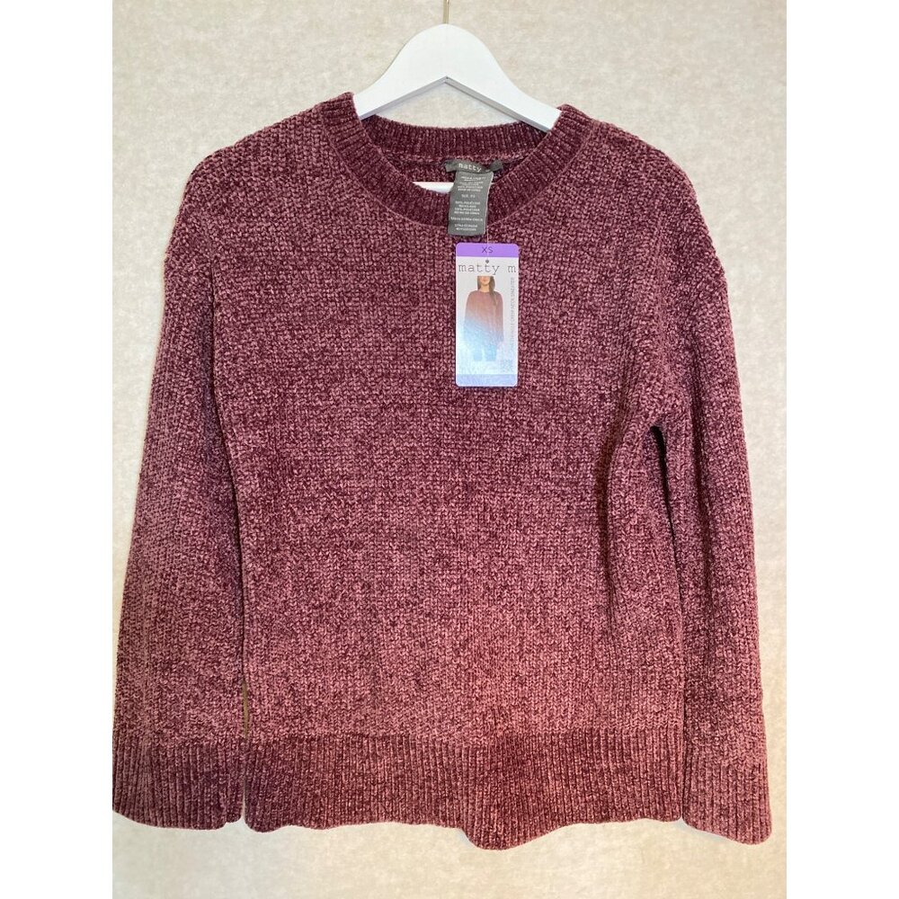 Matty M XS Chenille Crewneck Sweater Women's Recycled Fabric Plum Ribbed Hem